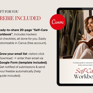 May include: A digital tablet displays a "Self-Care Workbook" with the Canva logo. The image includes text: "Gift for You, Freebie Included." The workbook is a 20-page guide with trackers and checklists, customizable in Canva.