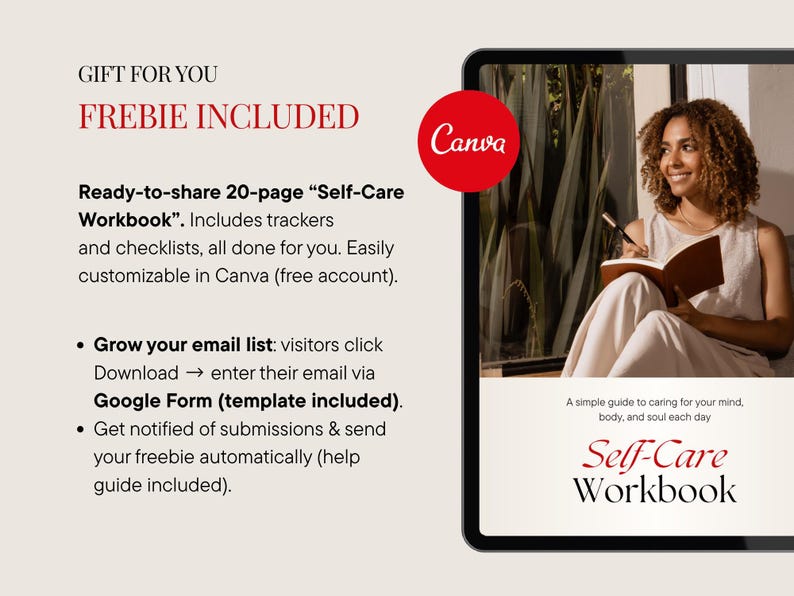May include: A digital tablet displays a "Self-Care Workbook" with the Canva logo. The image includes text: "Gift for You, Freebie Included." The workbook is a 20-page guide with trackers and checklists, customizable in Canva.