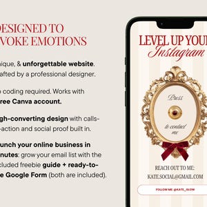 May include: A smartphone screen shows a website design with the text "LEVEL UP YOUR Instagram." The design features a gold frame with a red bow and the text "Press to contact me." The image also promotes a free Canva account and high-converting design.