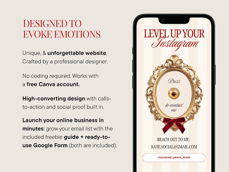 May include: A smartphone screen shows a website design with the text "LEVEL UP YOUR Instagram." The design features a gold frame with a red bow and the text "Press to contact me." The image also promotes a free Canva account and high-converting design.
