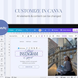 May include: A tablet screen displays a Canva design interface with the text "CUSTOMIZE IN CANVA" and "Your INSTAGRAM Expert." The design includes a photo of a woman and text boxes. The Canva logo is in the upper left corner.