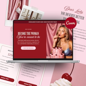 Peut inclure: Un écran d'ordinateur portable affichant une publicité de cours avec le texte "BECOME THE WOMAN You're meant to be" et "ENROLLMENT STARTS SOON: BOOK YOUR SPOT TODAY". L'écran montre un gâteau rose aux cerises et une personne en haut bleu.