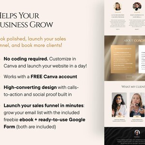 May include: A website design with the heading "HELPS YOUR BUSINESS GROW." The page promotes features such as no coding, Canva customisation, and high-converting design. It includes client testimonials and a call to action.
