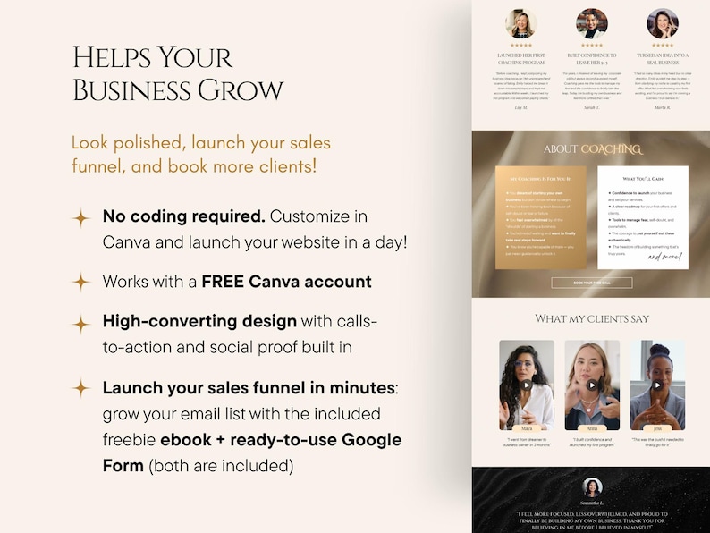 May include: A website design with the heading "HELPS YOUR BUSINESS GROW." The page promotes features such as no coding, Canva customisation, and high-converting design. It includes client testimonials and a call to action.