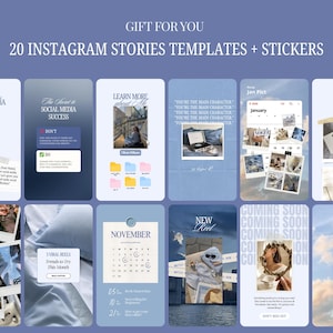 May include: A collection of 20 Instagram story templates and stickers with a light blue background. The templates include text such as "Gift for You", "Social Media Mentor", and "Coming Soon". The image also includes the word "Vogue".