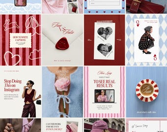 50 Trendy Instagram Feed Templates for Coaches, Course Creators, Social Media Managers, Influencers, Burgundy Pink Blue Scrapbook Design