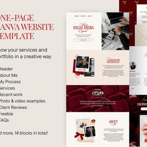 May include: A digital marketing template in burgundy and white. The design features sections for services, portfolio, client reviews, and a freebie. Text includes "ONE-PAGE CANVA WEBSITE TEMPLATE" and "Show your services and portfolio in a creative way."