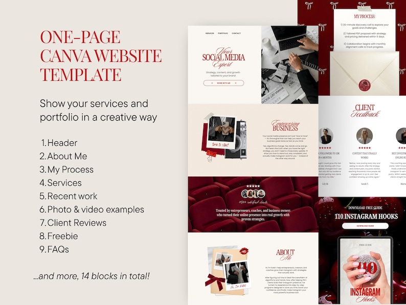 May include: A digital marketing template in burgundy and white. The design features sections for services, portfolio, client reviews, and a freebie. Text includes "ONE-PAGE CANVA WEBSITE TEMPLATE" and "Show your services and portfolio in a creative way."