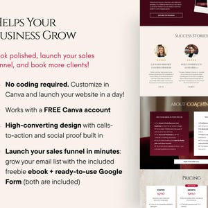 May include: A website design with text that reads "HELPS YOUR BUSINESS GROW." The design includes sections for success stories, coaching information, and pricing. The text highlights features like no coding, Canva customization, and high-converting design.
