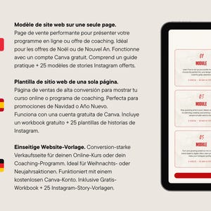 May include: A digital tablet displays a website template with a red and white design. Text in French, Spanish, and German describes the template's features, including Canva integration and Instagram story templates.