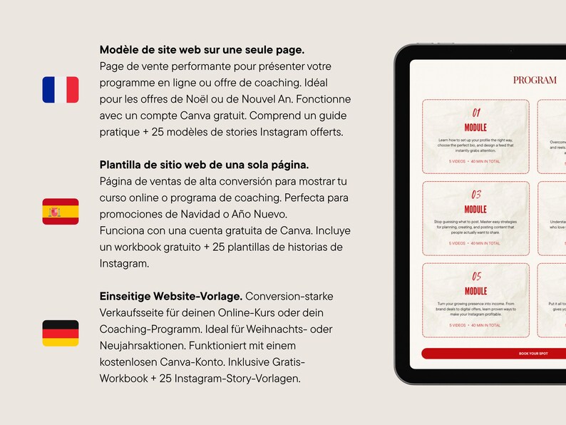 May include: A digital tablet displays a website template with a red and white design. Text in French, Spanish, and German describes the template's features, including Canva integration and Instagram story templates.