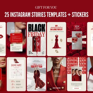 May include: A collection of 25 Instagram story templates and stickers with a red and white color scheme. The templates feature various themes, including Black Friday, a calendar, and motivational quotes. Text includes "GIFT FOR YOU" and "COMING SOON".
