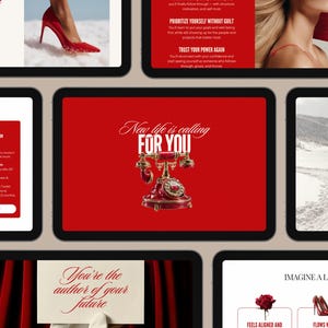 May include: A collection of images on a neutral background, featuring red accents. One image shows a red high-heeled shoe. Another displays a red rotary phone with the text "New life is calling FOR YOU."