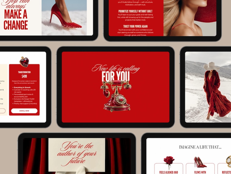 May include: A collection of images on a neutral background, featuring red accents. One image shows a red high-heeled shoe. Another displays a red rotary phone with the text "New life is calling FOR YOU."