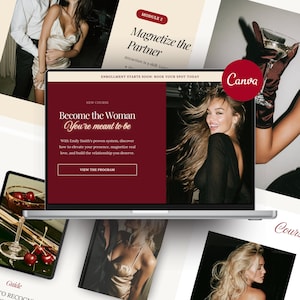 May include: A laptop screen displaying a course advertisement with a deep red background, white text reading "Become the Woman You're meant to be," and a photograph of a smiling person with long blonde hair, alongside a "VIEW THE PROGRAM" button.