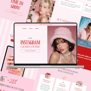 以下が含まれることがあります： ピンク色のInstagram Crash Courseのウェブページが表示されたラップトップ。ピンクの帽子と毛皮を着た女性が写っており、「Time to Grow」や「Instagram Hooks -20%」などのテキストが周囲のページに表示されています。テーマはソーシャルメディアマーケティングです。