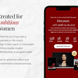 May include: A smartphone screen displays a promotional offer with a red background. Text reads "Created for Ambitious Women" and "Discount: -20% until 01.06.2027." Additional text promotes the offer for business coaches and online course creators. A countdown timer is also visible.