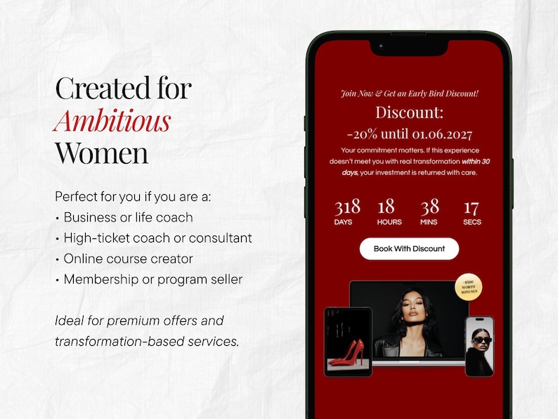 May include: A smartphone screen displays a promotional offer with a red background. Text reads "Created for Ambitious Women" and "Discount: -20% until 01.06.2027." Additional text promotes the offer for business coaches and online course creators. A countdown timer is also visible.