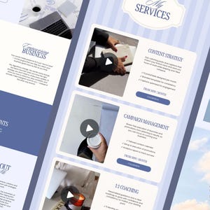 May include: A digital marketing services website layout in shades of blue and white. The design includes sections for services, client testimonials, and an about me section. The text includes "My Services", "Content Strategy", and "Campaign Management".