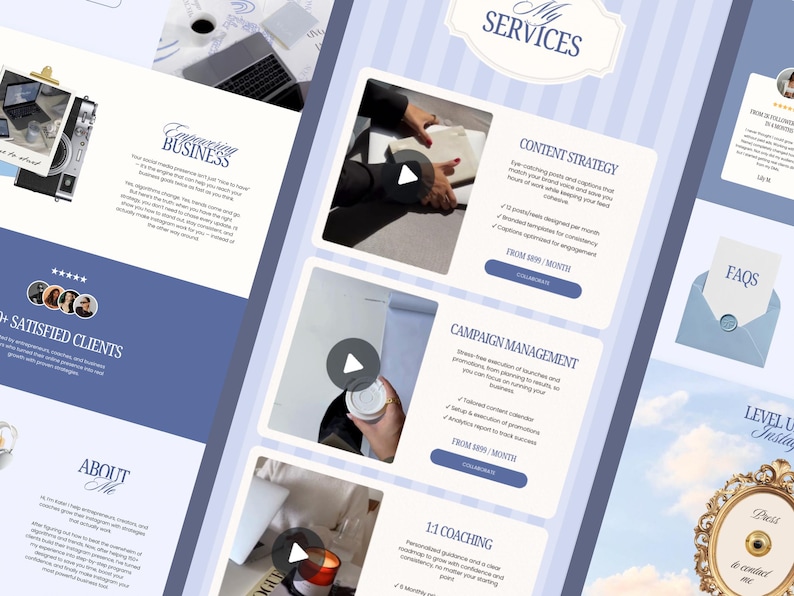 May include: A digital marketing services website layout in shades of blue and white. The design includes sections for services, client testimonials, and an about me section. The text includes "My Services", "Content Strategy", and "Campaign Management".
