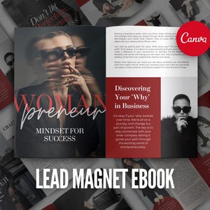 May include: An ebook cover with the title "Womanpreneur: Mindset for Success" featuring a woman in sunglasses. The image is surrounded by other documents, including one titled "Discovering Your 'Why' in Business".