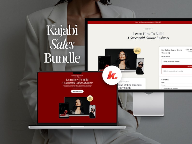 May include: An image promoting a "Kajabi Sales Bundle", with a laptop and monitor displaying a website interface. The laptop screen shows "Learn How To Build A Successful Online Business". The monitor shows a checkout page. Text includes "Checkout".