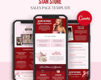 Feminine Stan Store Sales Page Canva Template for Love Coaches & Course Creators Link in Bio Faceless Funnel Landing Page Pink Red Design