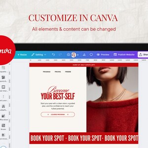 May include: A tablet displays a Canva design interface with a red and white website template. The text "CUSTOMIZE IN CANVA" and "Become YOUR BEST-SELF" are visible. A red Canva logo is in the upper left corner.