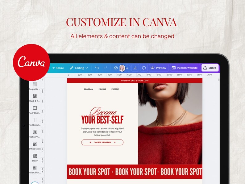 May include: A tablet displays a Canva design interface with a red and white website template. The text "CUSTOMIZE IN CANVA" and "Become YOUR BEST-SELF" are visible. A red Canva logo is in the upper left corner.