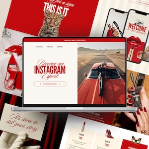 Op de afbeelding: Een laptop toont "Become an Instagram Expert" met een cursusprogrammaknop. De afbeelding bevat rode hakken, een luipaard en een rode auto. Extra schermen tonen lippenstift en een welkomstbericht.