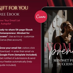 May include: A promotional image with text offering a free ebook titled "Womanpreneur. Mindset for Success." The image features a woman in a black dress, a Canva logo, and instructions on how to grow an email list.
