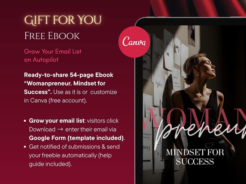 May include: A promotional image with text offering a free ebook titled "Womanpreneur. Mindset for Success." The image features a woman in a black dress, a Canva logo, and instructions on how to grow an email list.
