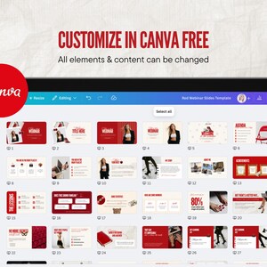 May include: A tablet screen displaying a Canva presentation template with red and white slides. The text "CUSTOMIZE IN CANVA FREE" and "All elements & content can be changed" is visible. The Canva logo is in a red circle.