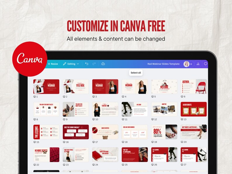 May include: A tablet screen displaying a Canva presentation template with red and white slides. The text "CUSTOMIZE IN CANVA FREE" and "All elements & content can be changed" is visible. The Canva logo is in a red circle.