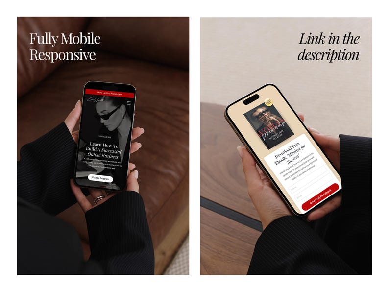 May include: Two smartphones displaying website content. One shows a website with the text "Learn How To Build A Successful Online Business". The other displays a book cover and a form to download a free ebook. Text on the image reads "Fully Mobile Responsive" and "Link in the description".