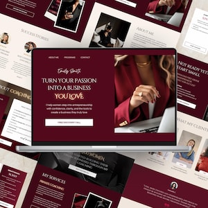 Puede incluir: Un portátil que muestra un sitio web con un esquema de color burdeos y blanco. El título del sitio web dice "TURN YOUR PASSION INTO A BUSINESS YOU LOVE". La imagen incluye a una mujer con una blazer roja y joyas doradas.