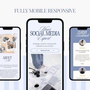 May include: Three smartphones displaying a social media expert's website. The central phone shows "Your Social Media Expert" with strategy and content details. The left phone has an "About Me" section, and the right phone displays client feedback.