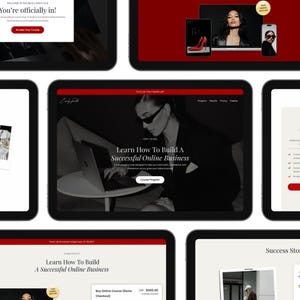 May include: A digital collage of multiple tablet screens displaying a website titled Learn How To Build A Successful Online Business. The interface features a black and white photograph of a person using a laptop, red accents, pricing tiers, and success stories. The layout includes various web pages, navigation menus, and call-to-action buttons presented in a clean, professional, and organized digital format.