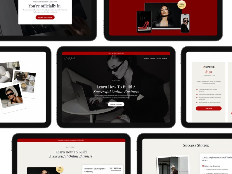 May include: A digital collage of multiple tablet screens displaying a website titled Learn How To Build A Successful Online Business. The interface features a black and white photograph of a person using a laptop, red accents, pricing tiers, and success stories. The layout includes various web pages, navigation menus, and call-to-action buttons presented in a clean, professional, and organized digital format.