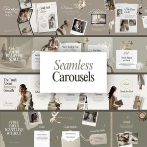 Peut inclure: Une présentation de marketing numérique avec une palette de couleurs neutres. Le titre "Seamless Carousels" est bien en évidence. La présentation comprend diverses sections avec du texte et des images, couvrant des sujets tels que la création de contenu et la croissance Instagram.