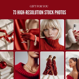 May include: A collection of high-resolution stock photos with a red and white theme. The images include a gift box with a red ribbon, a woman holding a champagne glass, a woman wearing a red turtleneck, and a woman holding a white phone.