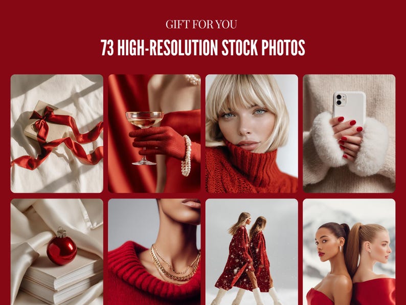 May include: A collection of high-resolution stock photos with a red and white theme. The images include a gift box with a red ribbon, a woman holding a champagne glass, a woman wearing a red turtleneck, and a woman holding a white phone.