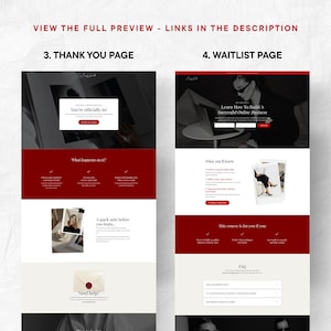 May include: A digital marketing website design with a red and white color scheme. The design includes the text "VIEW THE FULL PREVIEW - LINKS IN THE DESCRIPTION", "3. THANK YOU PAGE", and "4. WAITLIST PAGE". The website design also includes the text "You're officially in!" and "Learn How To Build A Successful Online Business".