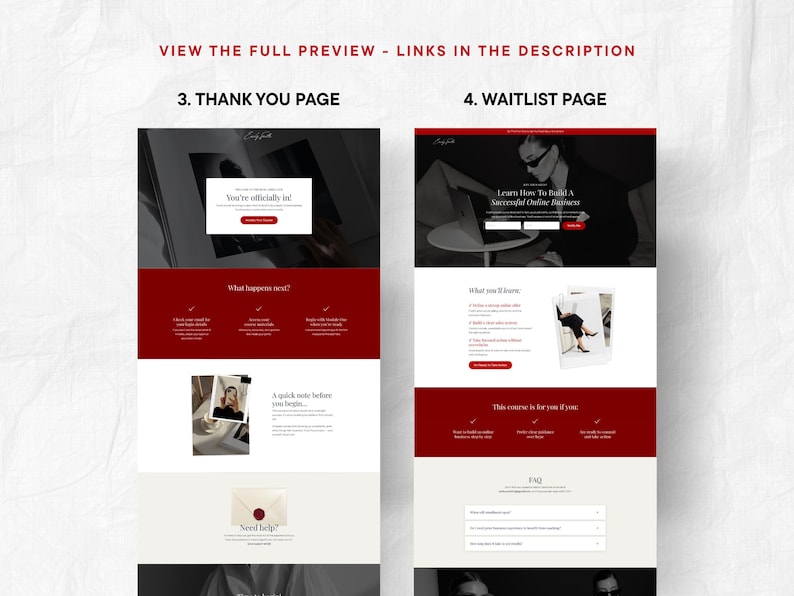 May include: A digital marketing website design with a red and white color scheme. The design includes the text "VIEW THE FULL PREVIEW - LINKS IN THE DESCRIPTION", "3. THANK YOU PAGE", and "4. WAITLIST PAGE". The website design also includes the text "You're officially in!" and "Learn How To Build A Successful Online Business".