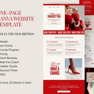 May include: A one-page Canva website template with a red and white color scheme. The design includes sections for a header, pain points, course program, pricing, client reviews, and more. Text includes "Make 2026 Your Best Year" and "You can always MAKE A CHANGE."