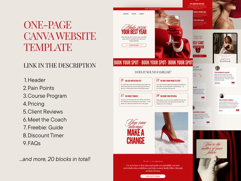 May include: A one-page Canva website template with a red and white color scheme. The design includes sections for a header, pain points, course program, pricing, client reviews, and more. Text includes "Make 2026 Your Best Year" and "You can always MAKE A CHANGE."