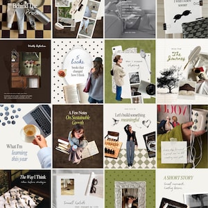 Peut inclure: Une grille de collage numérique présentant seize panneaux distincts avec des images de style de vie, incluant des livres, des échiquiers, des tasses à café, de la photographie de mode et des notes manuscrites, organisés en quatre par quatre.