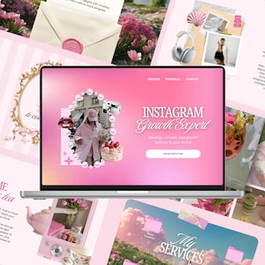 May include: A laptop screen shows a pink website for an Instagram Growth Expert. The image is surrounded by pink accessories, flowers, and a teapot. The website's text promises strategy, content, and growth tailored to your brand. The overall theme is pink.