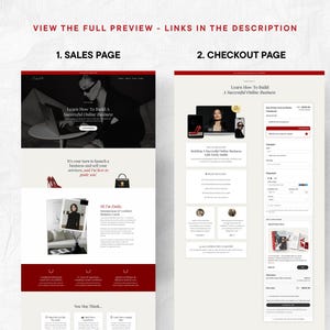 May include: A website design showcasing two pages: a sales page and a checkout page. The sales page features a woman using a laptop, with text that reads "Learn How To Build A Successful Online Business." The checkout page displays payment options.
