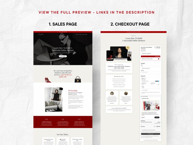 May include: A website design showcasing two pages: a sales page and a checkout page. The sales page features a woman using a laptop, with text that reads "Learn How To Build A Successful Online Business." The checkout page displays payment options.